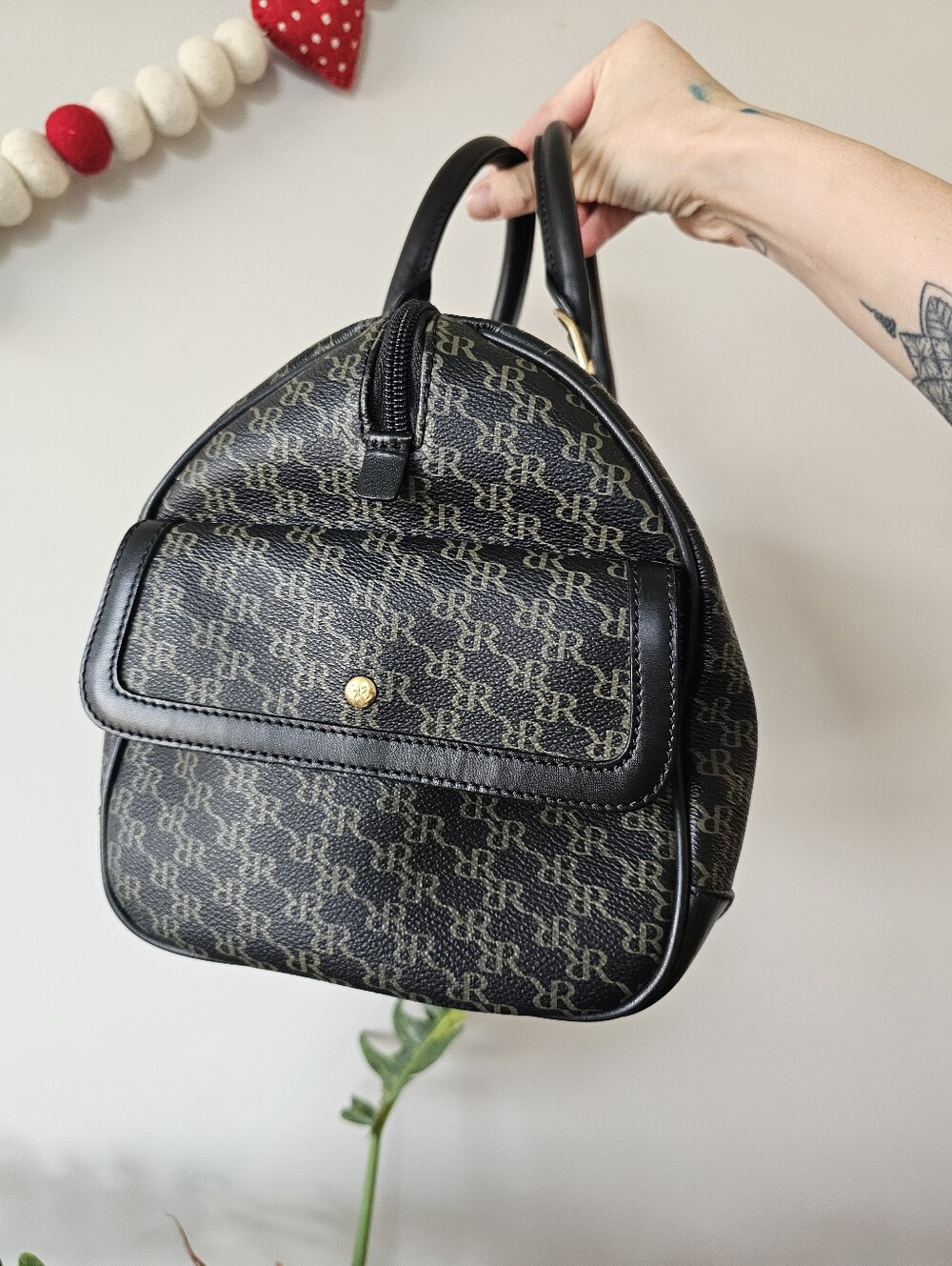 Rioni Monogram Barrel Satchel Handbag Black Brown Gold Top Handle Bag - Picture 3 of 14